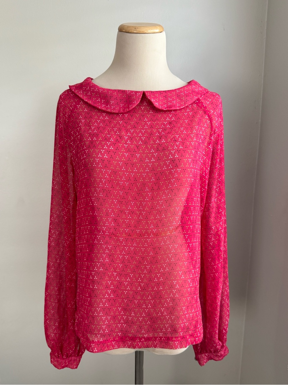 My Story Semi sheer Hot Pink Peter Pan Collar Long Sleeve Blouse Medium